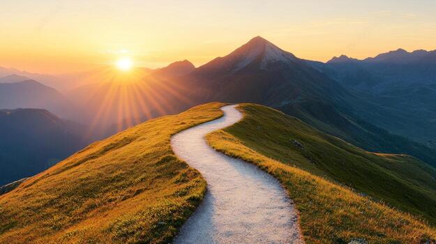 Layered terrain with a winding path and glowing summit representing the personal journey of inner landscape awareness