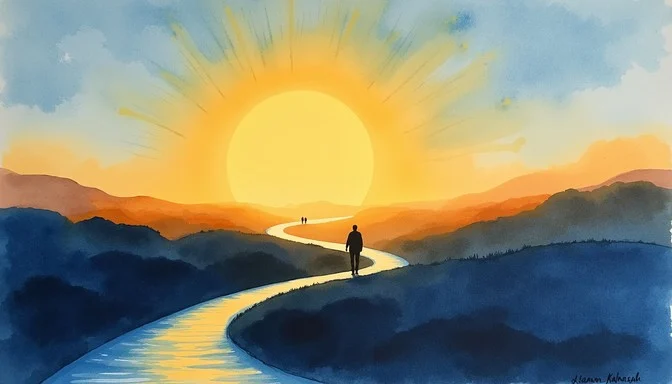 Abstract winding path leading upward through a calming landscape representing the gradual journey of self-awareness